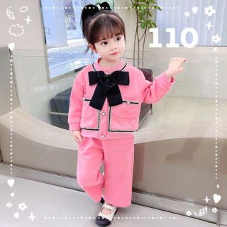 【新品】可愛い♡おしゃれ ピンク セットアップ 韓国　女の子　リボン付き 110(カーディガン)