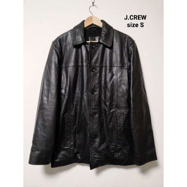 90s J.CREW レザー カーコート ジャケット 本革 牛革 黒 ウールまる091300古着