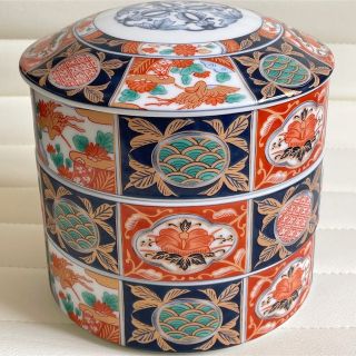有田焼 林斎 花鳥 三段重 おせち器 お正月 蓋付き重ね鉢 古伊万里 色絵