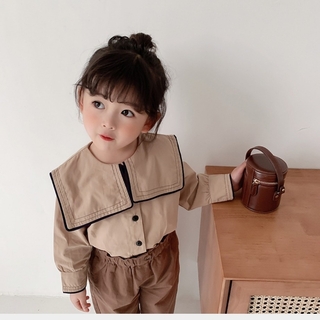 【新品】ベージュ 長袖 ブラウス ビッグ 襟 120 黒 パイピング 韓国子供服(ブラウス)