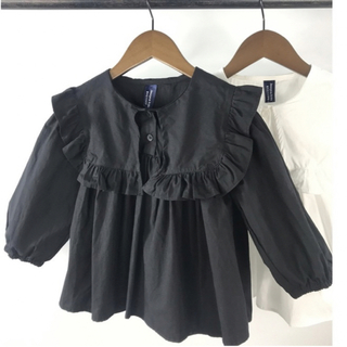 110サイズ 黒ブラック ルーズフリルシャツ 韓国子供服(ブラウス)