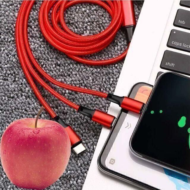 3in1 充電ケーブル 1.1m iphone Android USB 赤 #5 スマホ/家電/カメラのスマホアクセサリー(その他)の商品写真