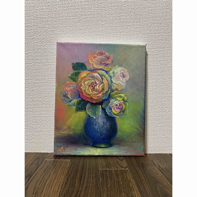 HaRu レインボー ローズ フラワー バラ 花 薔薇 1点物 絵画 油絵 ♪ 2