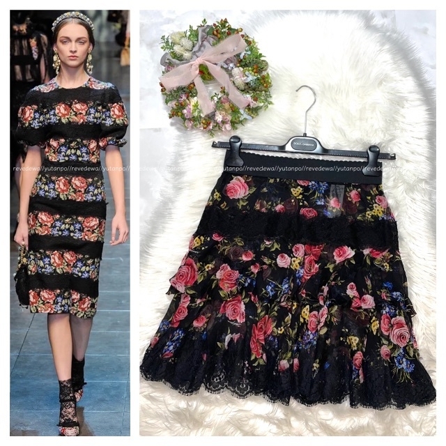 DOLCE&GABBANA(ドルチェアンドガッバーナ)の本物 美品 ランウェイ ドルチェ&ガッバーナ レース×フラワー フリル スカート レディースのスカート(ひざ丈スカート)の商品写真