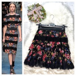 ドルチェアンドガッバーナ(DOLCE&GABBANA)の本物 美品 ランウェイ ドルチェ&ガッバーナ レース×フラワー フリル スカート(ひざ丈スカート)