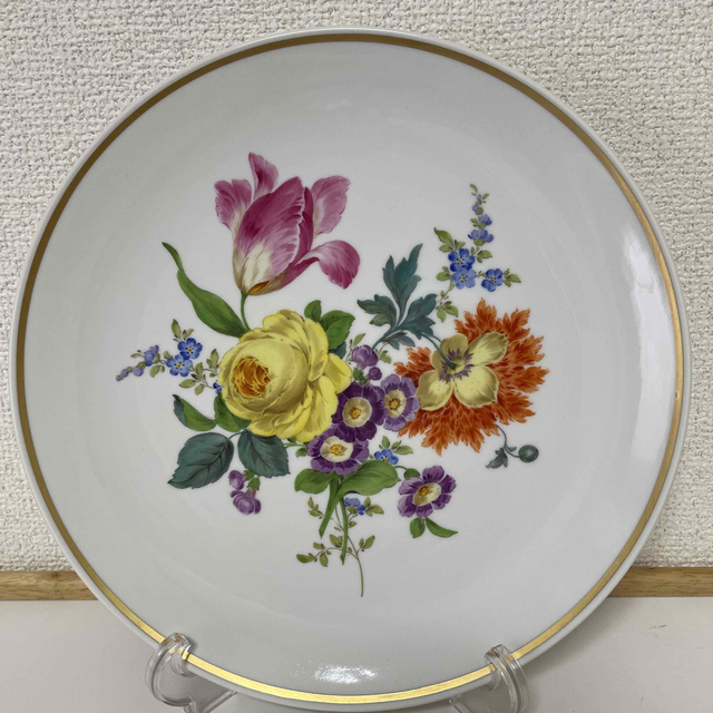 Meissen・大きなピンクローズ・豪華・金縁・２５.５cm・美品