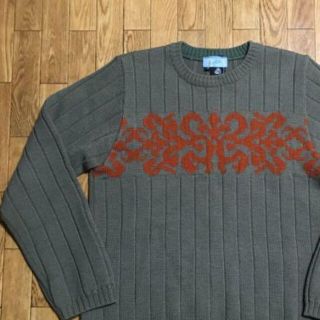 80～90s インド製 BURTON ウール ニットセーター 深緑 オレンジ M