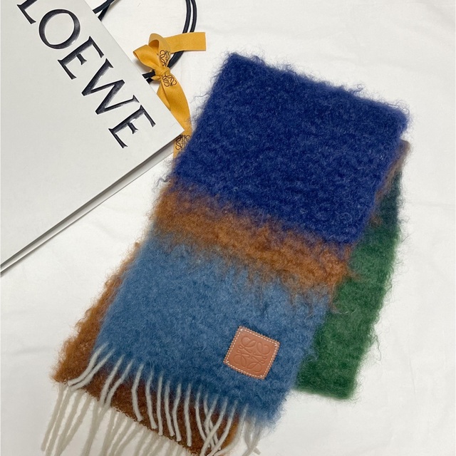 LOEWE ロエベ マフラー ネイビー ブラウン  ウール モヘヤ アナグラムレディース