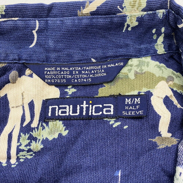 NAUTICA(ノーティカ)のノーティカ NAUTICA 総柄シャツ ボタンダウン ゴルフ柄 植物 半袖 ショートスリーブ サイズ：M ネイビー×ベージュ×グリーン古着 【中古】 メンズのトップス(シャツ)の商品写真