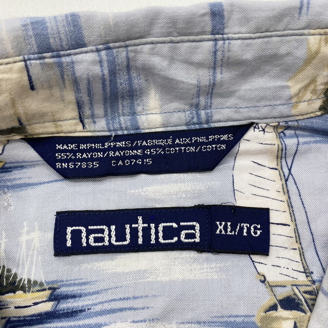 NAUTICA(ノーティカ)のノーティカ NAUTICA アロハ シャツ レーヨン 総柄 海 船柄 半袖 サイズ：XL ライトブルー系古着 【中古】 メンズのトップス(シャツ)の商品写真