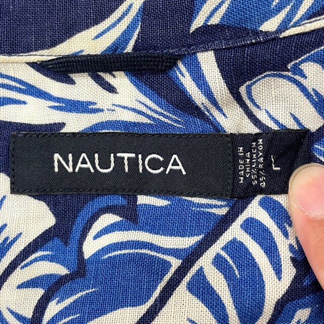 NAUTICA(ノーティカ)のノーティカ NAUTICA アロハ シャツ 開襟 半袖 植物柄 総柄 サイズ：L ネイビー古着 【中古】 メンズのトップス(シャツ)の商品写真