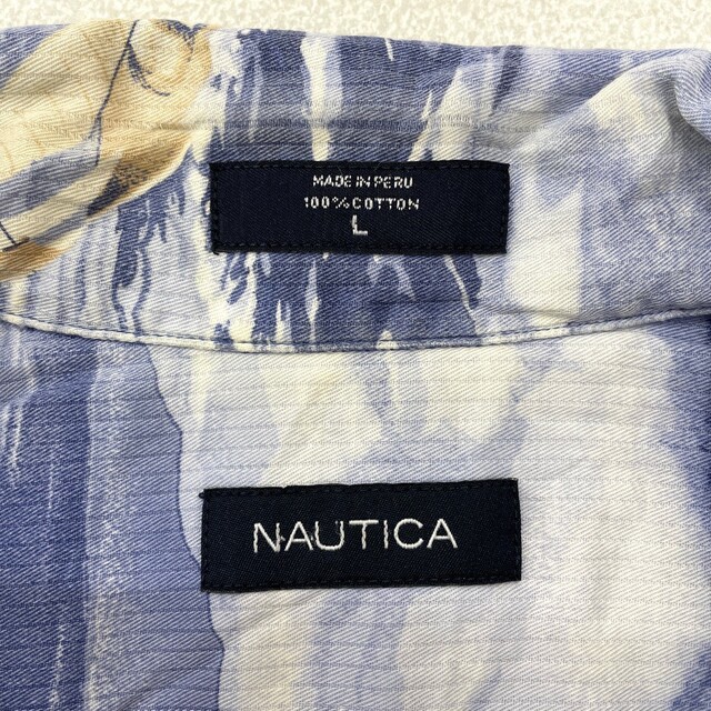 ノーティカ NAUTICA アロハ シャツ 開襟 半袖 海･船柄 総柄 サイズ：M ブルーグレー系