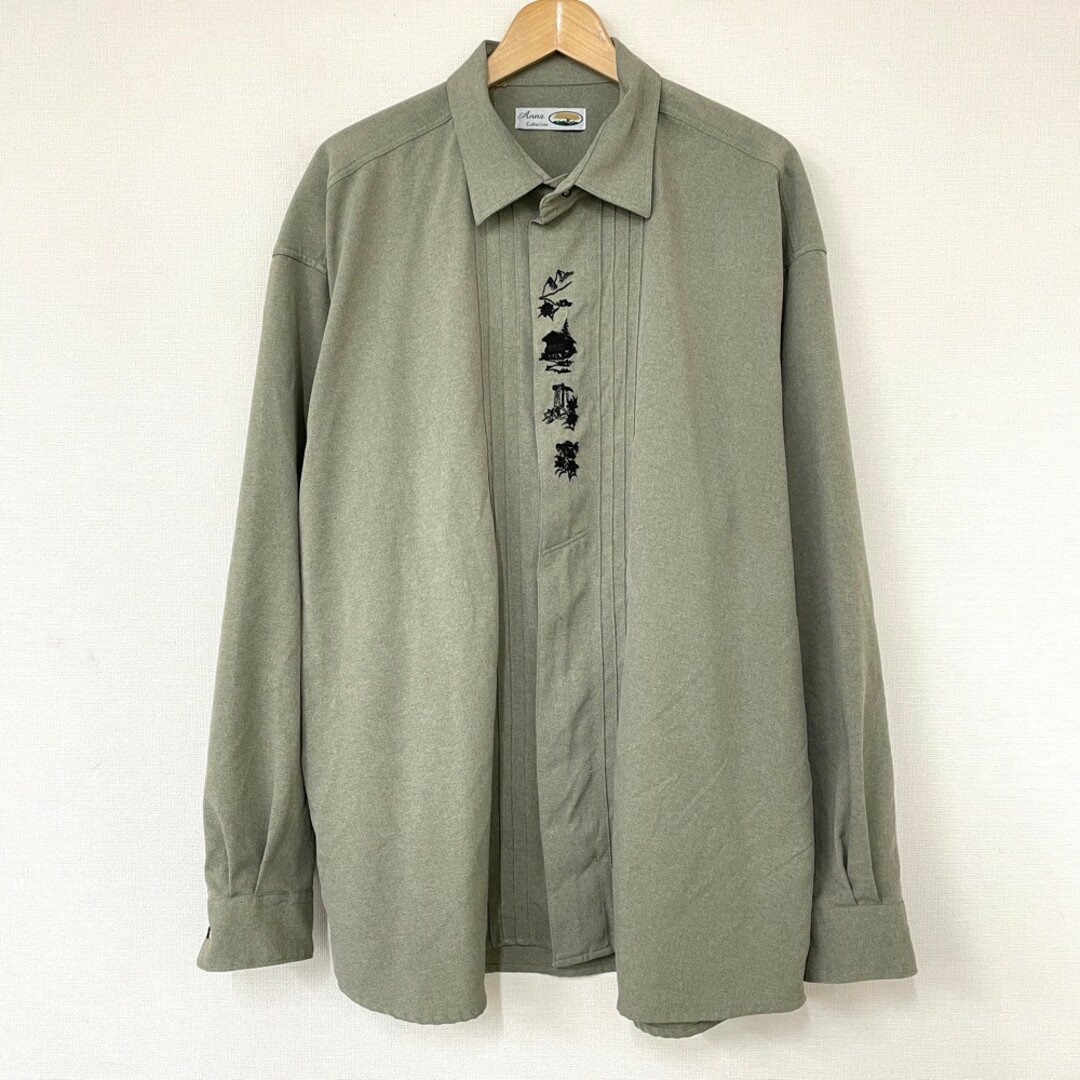 Drachien チロリアン シャツ 花 植物 刺繍  ロングスリーブ 長袖 サイズ：XL  モスグリーン系