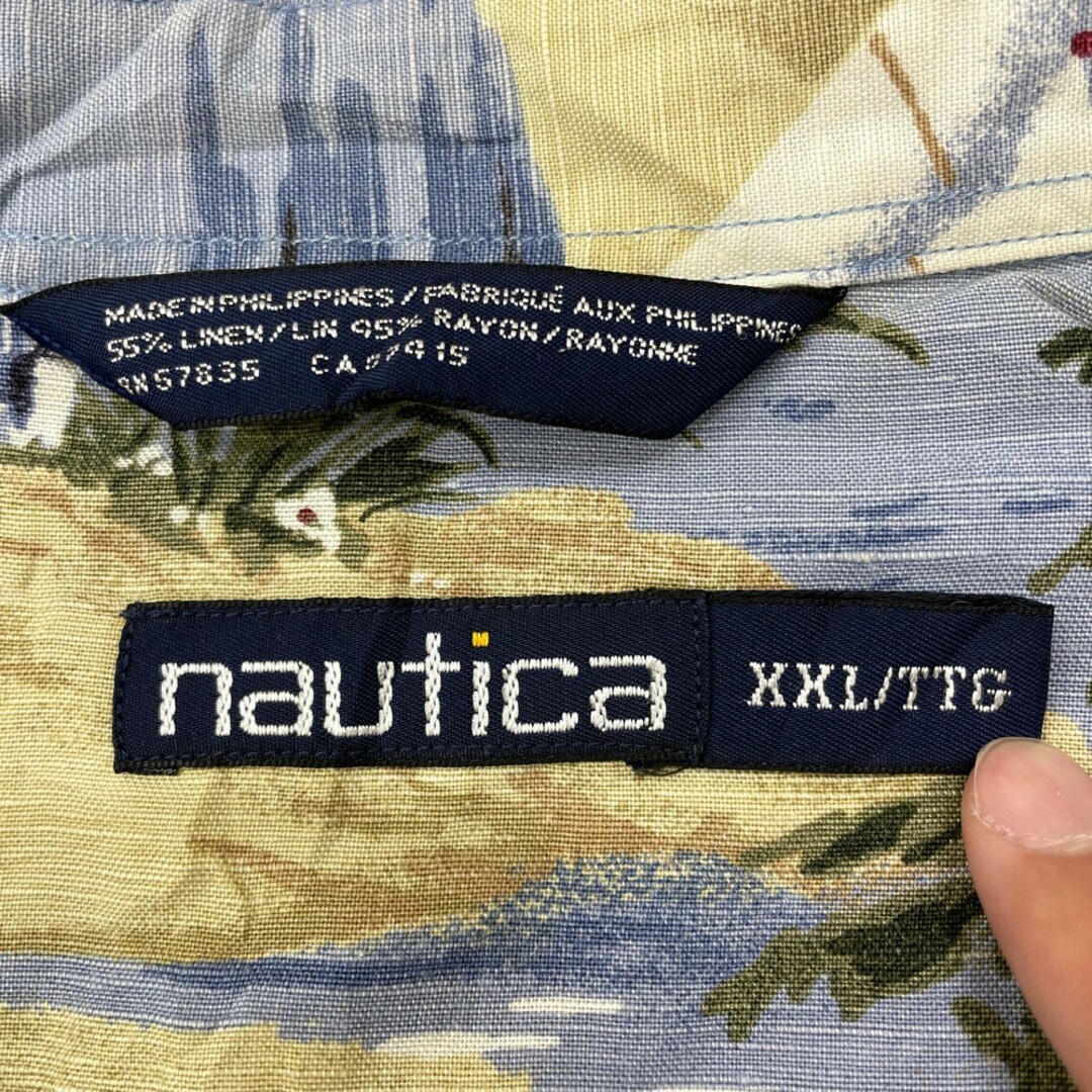 NAUTICA(ノーティカ)のノーティカ NAUTICA アロハ シャツ 半袖 海･船･ヤシの木柄 サイズ：XXL ブルーグレー×ベージュ×グリーン×ホワイト古着 【中古】 メンズのトップス(シャツ)の商品写真