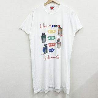 ユーロ古着 アニマルピクチャープリント白Tシャツ ワンピース 犬プリント リボンリメイク イタリア製 サイズ：M ホワイト古着 【中古】(Tシャツ(半袖/袖なし))