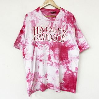 ハーレー(Hurley)の90's HOLOUBEK ハーレーダビットソン HARLEY-DAVIDSON Tシャツ タイダイ染め シングルステッチ プリント MADE IN U.S.A  半袖  サイズ：XL ピンク×ホワイト 【中古】(Tシャツ/カットソー(半袖/袖なし))