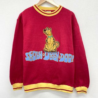 スクービー ドゥー SCOOBY-DOO プルオーバー スウェット シャツ トレーナー トリム リブボーダー キャラクター ワッペン プリント 長袖 サイズ：MEN'S L位 エンジ×イエロー 【中古】(スウェット)