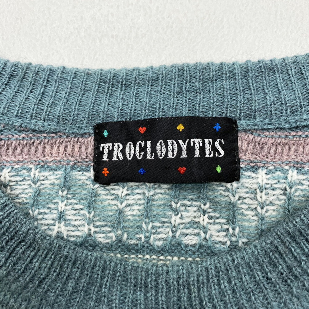 TROGLODYTES アクリル×アルパカ×ウール ニット セーター 総柄 長袖 MADE IN ITALY サイズ：52 アイスグリーン系×ピンク系×アイボリー  ユーロ