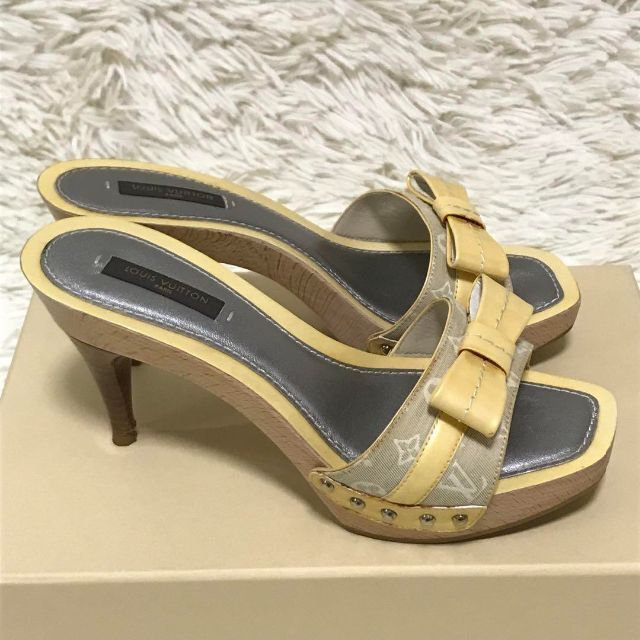 美品☆ルイヴィトン・レザーモノグラムストラップ ウッドサンダル(351