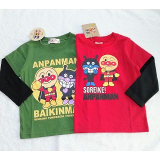 アンパンマン(アンパンマン)の新品　100cm　アンパンマン　春男の子長袖Tシャツ2枚セット　レッド×カーキー(Tシャツ/カットソー)