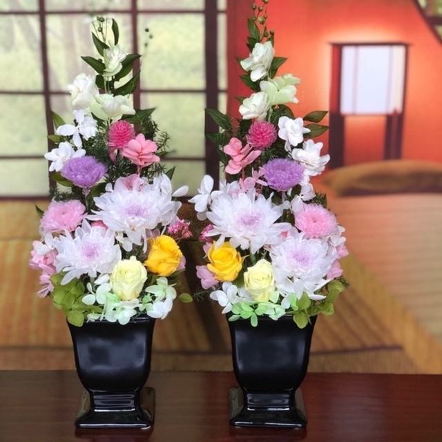 【仏花】お供え花 ことね菊ホワイトパープル  H32 花器つきアレンジ　１対