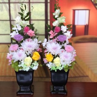 【仏花】お供え花 ことね菊ホワイトパープル  H32 花器つきアレンジ　１対(プリザーブドフラワー)