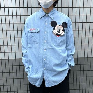 ディズニー(Disney)のディズニー THE DISNEY CATALOG シャンブレーシャツ ロングスリーブ ミッキーマウス 刺繍 長袖 サイズ：L インディゴ 【中古】(シャツ)