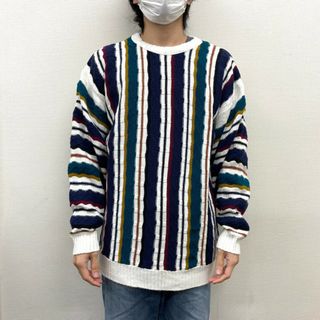 【中古】 WEEKENDS アクリル ニット セーター マルチストライプ 長袖 サイズ：MEN'S M位 ホワイト×ネイビー×ブルーグリーン等 マルチカラー(ニット/セーター)