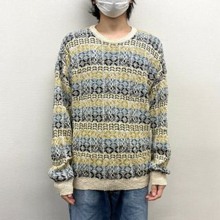 【中古】 PRONTO UOMO リネン×コットン×アクリル ニット セーター マルチボーダー 長袖 サイズ：50/M アイボリー×マスタード×ブルーグレー等 マルチカラー MADE IN ITALY ユーロ(ニット/セーター)