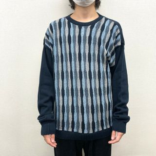 【中古】 LIBERTY SWEATERS 総柄 3Dニット セーター ストライプ 長袖 サイズ：L ネイビー×ライトブルー×ベージュ等 マルチカラー MADE IN U.S.A(ニット/セーター)