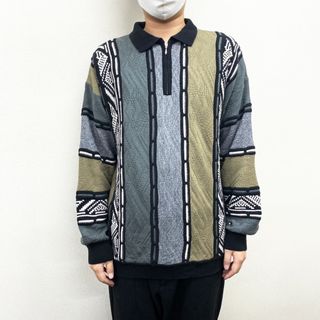 【中古】CLASSICAL CLOTHES COMPANY 総柄 3Dニット アクリル セーター ニットポロ ハーフジップ ストライプ 長袖 サイズ：D 52/54 ブラック×グレー×ベージュ(ニット/セーター)