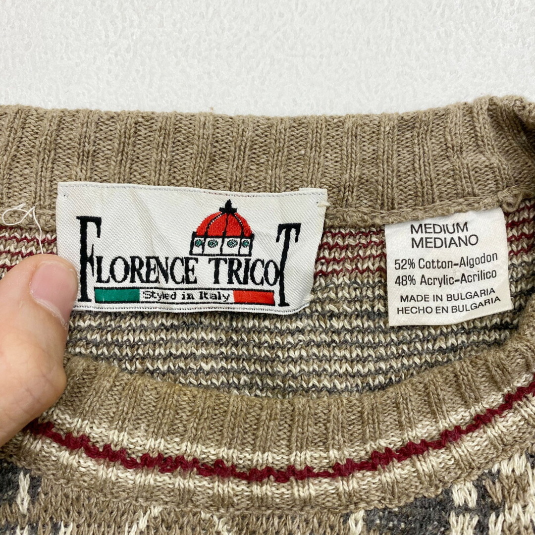 FLORENCE TRICOT コットン×アクリル ニット セーター 総柄 長袖 MADE IN BULGARIA サイズ：M ベージュ×ネイビー系×エンジ系 ユーロ