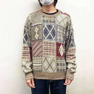 FLORENCE TRICOT コットン×アクリル ニット セーター 総柄 長袖 MADE IN BULGARIA サイズ：M ベージュ×ネイビー系×エンジ系 ユーロ古着 【中古】(ニット/セーター)