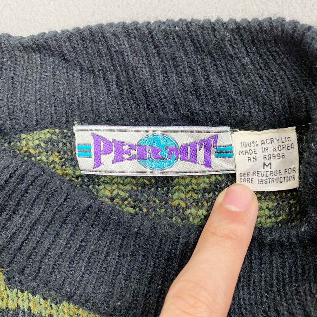 PERMIT アクリル ニット セーター 総柄 モックネック ミックスカラー 長袖 サイズ：M グリーン×ブラック