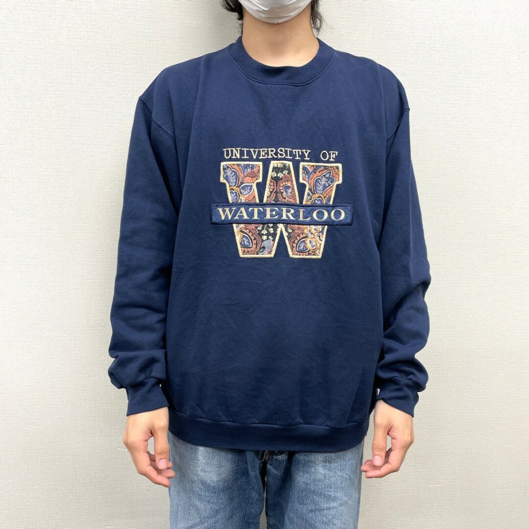 【中古】 HOT LINE CAMPUS COLLECTION スウェット シャツ トレーナー カレッジロゴ 花柄 ワッペン 刺繍 長袖 サイズ：L ネイビー MADE IN CANADA メンズのトップス(スウェット)の商品写真