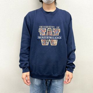 【中古】 HOT LINE CAMPUS COLLECTION スウェット シャツ トレーナー カレッジロゴ 花柄 ワッペン 刺繍 長袖 サイズ：L ネイビー MADE IN CANADA(スウェット)