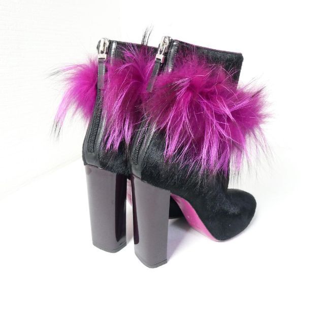 美品 FENDI ハラコ フェザー ラウンドトゥ チャンキーヒール ブーツ
