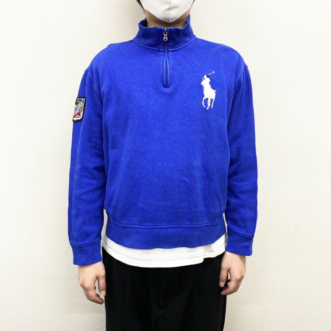 【中古】ポロ ラルフローレン Polo by Ralph Lauren ハーフジップ コットンニット セーター プルオーバー ハイネック ワンポイント  ビッグポニー 刺繍 ワッペン 長袖 サイズ：L ブルー | フリマアプリ ラクマ