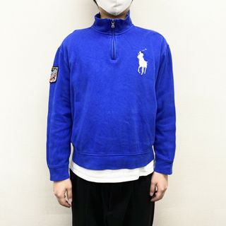 ラルフローレン(Ralph Lauren)の【中古】ポロ ラルフローレン Polo by Ralph Lauren ハーフジップ コットンニット セーター プルオーバー ハイネック ワンポイント ビッグポニー 刺繍 ワッペン 長袖 サイズ：L ブルー(ニット/セーター)