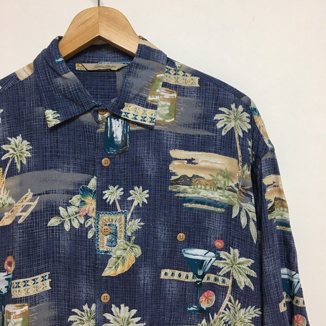 paradise collection レーヨン アロハシャツ 半袖 サイズ：M 総柄 ネイビー系