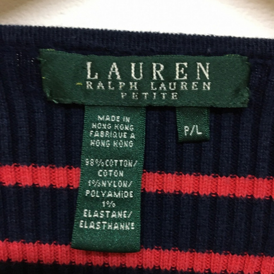 Ralph Lauren(ラルフローレン)のレディース ローレン ラルフローレン/LAUREN RALPH LAUREN ボートネック オフショルダー コットンニット セーター 長袖 ボーダー柄　サイズ：Women's L　ネイビー×レッド古着 【中古】 レディースのトップス(ニット/セーター)の商品写真