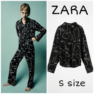 ザラ(ZARA)のZARA　イラスト サテンシャツ　Sサイズ　ブラック(シャツ/ブラウス(長袖/七分))