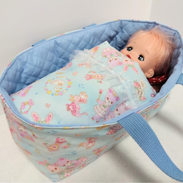 本格派ま! ソランちゃん クーファン ハンドメイド メルちゃん お布団 ブルー うさくま その他 メルちゃん ハンドメイド クーファン ソランちゃん お布団 セット お花 白