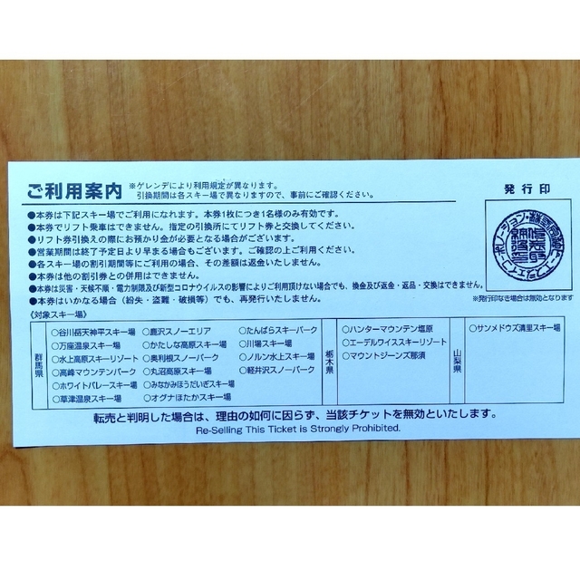 関東20スキー場共通スキーリフト1日引換券 2枚 - スキー場