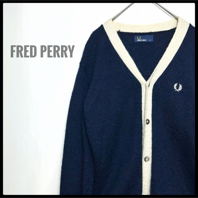 ユニセックス　FRED PERRY モヘヤ　ニット　カーディガン　ネイビー　刺繍