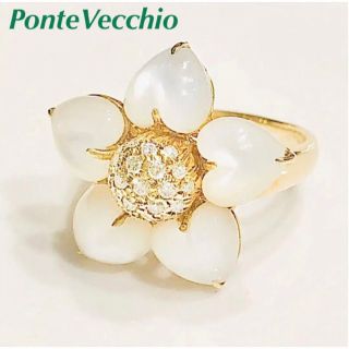 ポンテヴェキオ(PonteVecchio)の新品同様★ポンテヴェキオ★フラワー★シェル★ホワイト★ダイヤ★18K★パヴェ★花(リング(指輪))