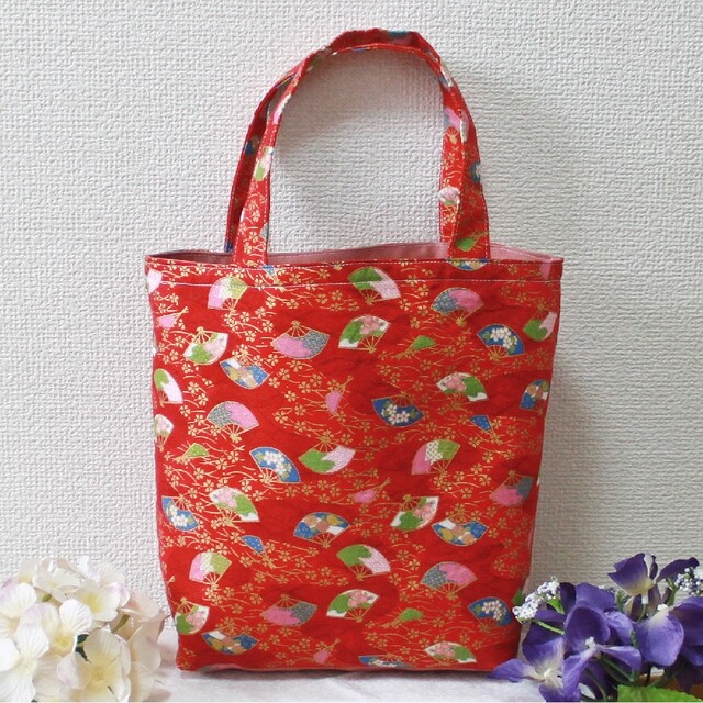 正規品販売! ハンドメイド 和柄 トートバッグ ピンク リボン付き