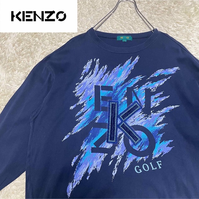 希少 KENZO デカロゴ刺繍 スウェット プルオーバー ネイビー XXL