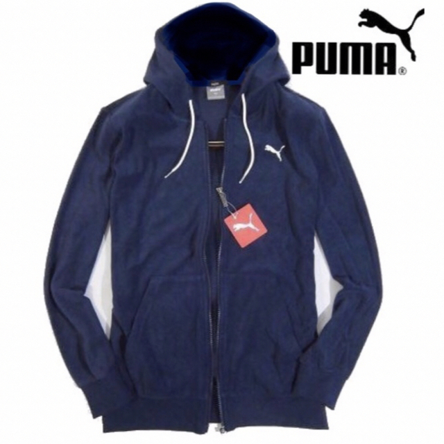 【PUMA/プーマ】パイル生地ジップアップスウェットパーカー・XXLサイズ（紺）ネイビー系ロゴ部分は白□素材