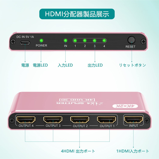 HDMI分配器(ピンク)　1入力4出力　スプリッター　 スマホ/家電/カメラのテレビ/映像機器(その他)の商品写真